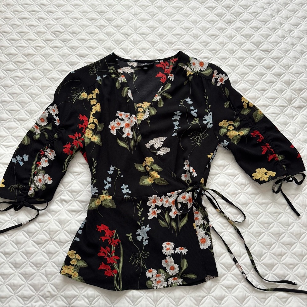 Topshop Black V-Neck Floral Wrap Tie Ruched Elbow Length Sleeve Blouse Sz 6 Tall - Picture 1 of 16